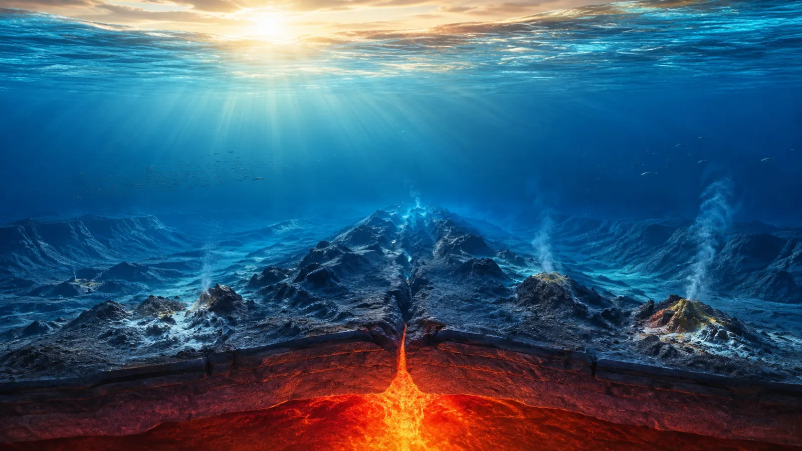 Cutaway illustration of an underwater mid-ocean ridge forming volcanic crust
